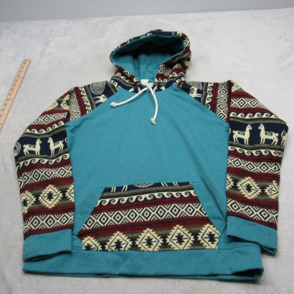 Blue Footed Design Hoodie Men Medium Teal Aztec Southwestern Wool Blend Boho VTG